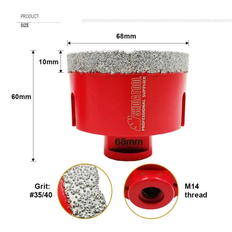Коронка алмазная SHDIATOOL 68мм для сухого сверления M14 (углошлифовальной машины)